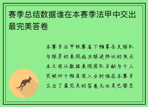 赛季总结数据谁在本赛季法甲中交出最完美答卷
