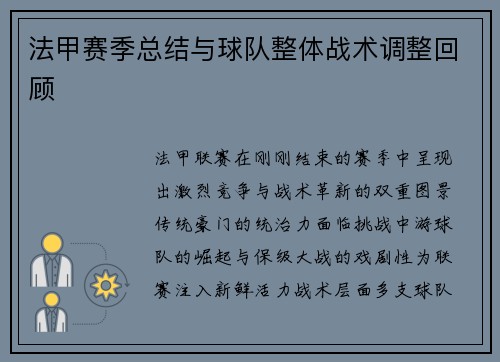 法甲赛季总结与球队整体战术调整回顾